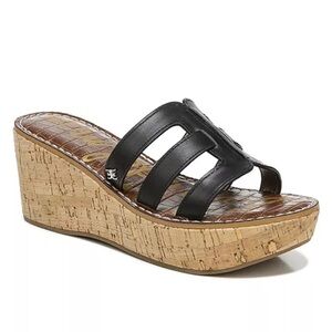 NWOB Sam Edelman Black Ronie Leather Logo Wedge Sandals